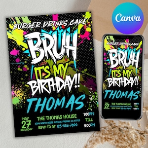 Convite "É meu aniversário", convite para festa de aniversário, qualquer idade, cartão de aniversário neon com qualquer tema, convite digital para festa, editável no Canva