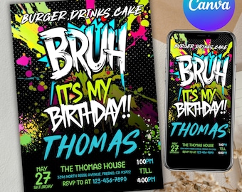 Neon Bruh Birthday Invitation: Editable Party Invite (Digital)