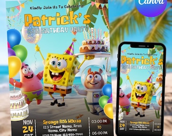 Sponge Cake Birthday Invitation, Cartoon Party Invitation, Sponge bob invite, Birthday Party Invitation, Printable Template, Canva Editable