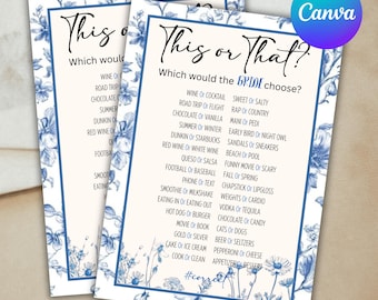 Bridal Shower Game , Blue Floral This or That Bridal Shower Game, This Or That Bridal Shower Game, Wedding Games, Canva Editable