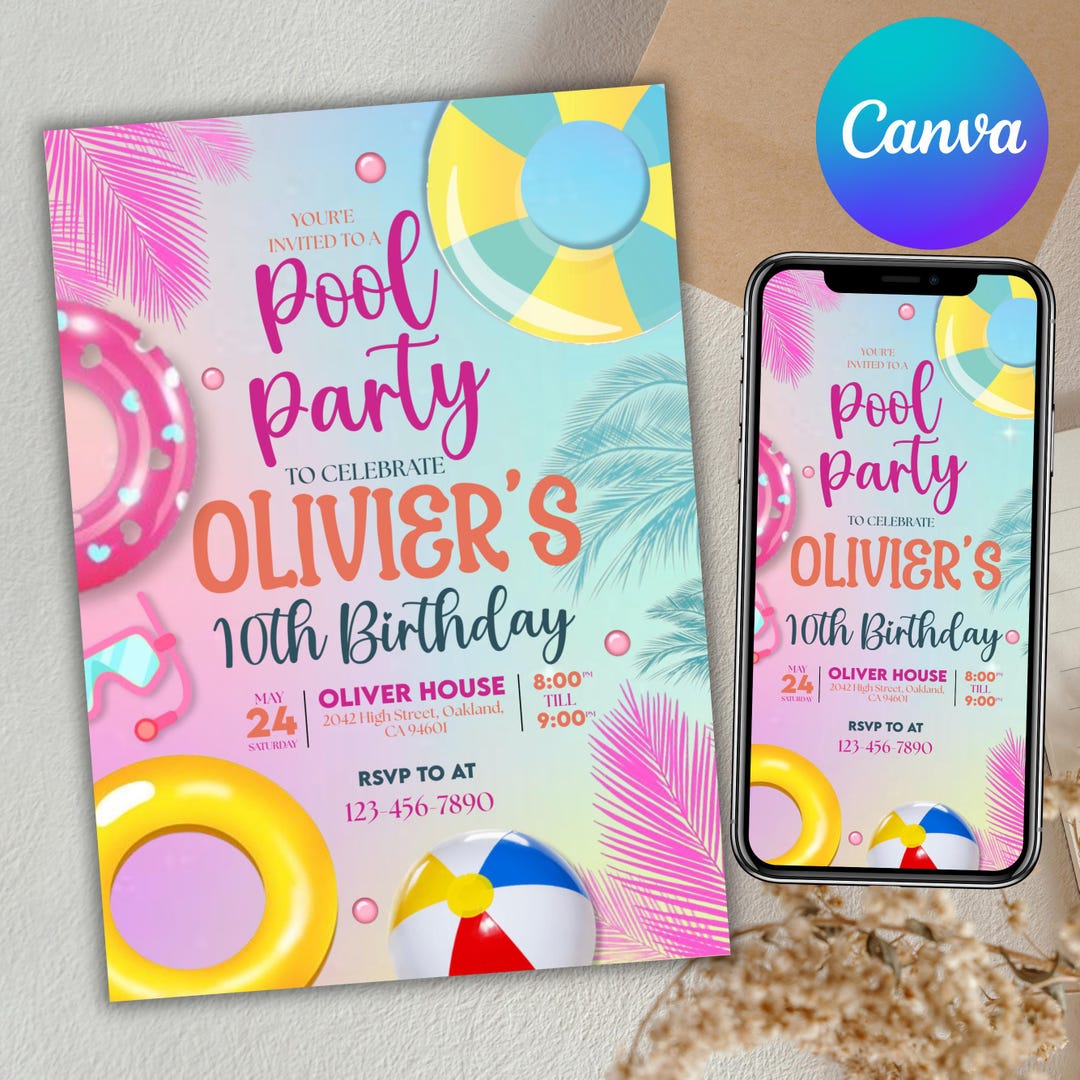 Editable Pool Invitation, Pool Party Birthday Invitation, Neon Glow ...