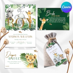 Safari Baby Shower Invitation Boy, Jungle Safari Animals Party Invite, Jungle Theme Boy Shower, Greenery Clothesline Invite, Canva Editable