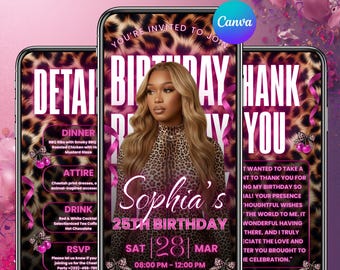 Cheetah Print Birthday Invitation Template, Leopard Cheetah Print Pink Glam Digital Party Evite, Bday Party, Digital Download,Canva Editable