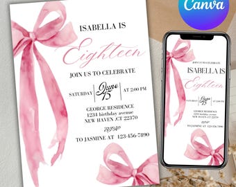 Pink Bow-Geburtstagseinladung: Coquette Ribbon Design (Canva Editable)
