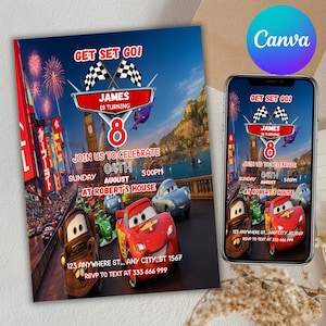 Car Birthday Invitation Boy, Car Lightning Birthday Invite, Kids Birthday Party Invites, Lightning McQueen Invitation, Canva Editable