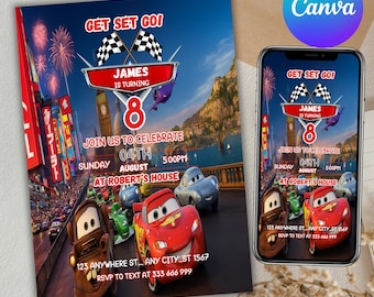 Lightning McQueen Birthday Invitation: Race Car Party, Canva Editable