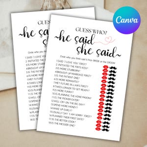 Él dijo, ella dijo, juegos de despedida de soltera, adivina quién lo dijo, juego de cartas "Él dijo, ella dijo", juego de bodas, juego de novia o novio, Canva editable
