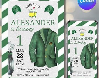 Masters Golf 1st Birthday Invitation Template, Golf Party, Editable Green Template, Digital Download, Sports Themes Bday Invite, DIY Canva