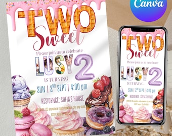 Two Sweet Birthday Invitation: Candy Donut Theme, Editable Canva Template
