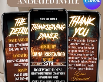 Invitación digital para la cena de Acción de Gracias, plantilla para fiesta de otoño, invitación para celebrar el Día de Acción de Gracias, tarjeta de descarga instantánea, editable en Canva