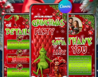 Animated Christmas Dinner Invitation, Friendsmas Party Video Invitation, Premade Grinch Holiday Festive Celebration Evite, Canva Editable
