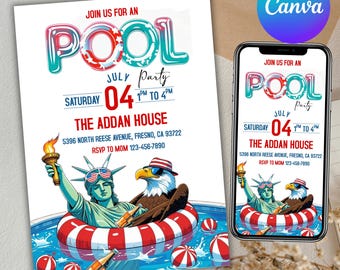 4th of July Pool Party Invitation: Patriotic Swim Party, Canva Editable (Digital Download)