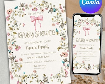 Sjabloon uitnodiging babyshower bloemen: roze strik, bewerkbaar canvasontwerp (digitale download)