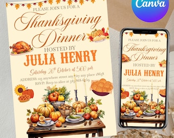 May include: Thanksgiving dinner invitation designed with a fall theme. The invitation features a table laden with pumpkins, gourds, and other autumnal elements. The text reads "Thanksgiving Dinner Hosted by Julia Henry". A smartphone displays the same invitation.