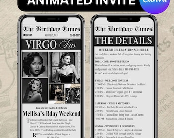 Jungfrau Geburtstag Zeitung Evite, Jungfrau Geburtstag Mädchen Wochenende Zeitung Reiseplan, Digitale Bday Reise einladen, Jungfrau Königin, Canva Bearbeitbar