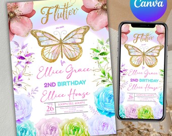 Faire-part d'anniversaire papillon Invitation papillon arc-en-ciel Papillon floral lunatique Jardin de papillons floral, toile éditable