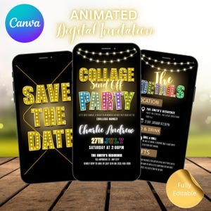 May include: Three smartphones displaying a digital invitation for a "Collage Send Off Party." The invitations feature text in various colors, including "Save the Date" and event details. The background is a wooden surface.