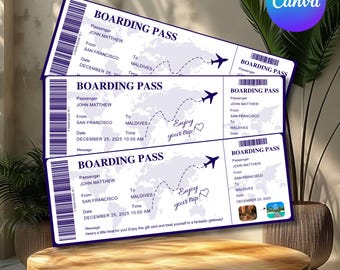 Boarding Pass Template, Printable Plane Ticket, Personalized Travel Gift, Printable Personalized Airline Ticket, Canva Editable