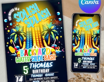 Waterslide Birthday Invitation: Splash Party Evite, Canva Template (Digital Download)