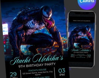 Invitación de cumpleaños de Venom, invitación editable para fiesta de superhéroes, fiesta de los Vengadores, invitación editable para cumpleaños de superhéroes, Canva editable