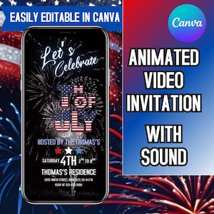 Könnte beinhalten: Ein Smartphone-Bildschirm zeigt eine animierte Videoeinladung zum 4. Juli. Das Design zeigt Feuerwerk, patriotische Farben und den Text "Let's Celebrate 4th of July". Die Einladung wird von der Familie Thomas veranstaltet.