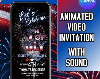 July 4th Invitation With Fireworks, Digital Independence Day Party Evite, Bonfire BBQ Celebration Evite, Animated Invitation, Canva Editable