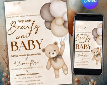 Brown Boho Teddy Bear Baby Shower Invitation, Baby Shower Invitation, Stars Modern, We Can Bearly Wait Baby Shower Invite, Canva Editable