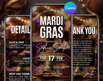 Mardi Gras Invitation, Masquerade Birthday Party Video Invitation, Mardi Gras Party Evite, Masquerade Ball, Mardi Gras Birthday, Canva Edit