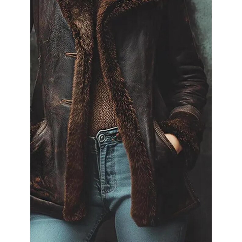 Manteau en cuir marron effet vieilli pour femme | Veste d'hiver longue en peau de mouton retournée | Manteaux en peau de mouton image 3