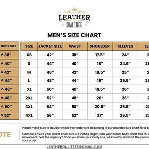 May include: A size chart for men's jackets, featuring measurements in inches. The chart includes sizes XS to 4XL, detailing jacket size, waist, shoulder, sleeves, and length. The chart also provides instructions for accurate sizing.