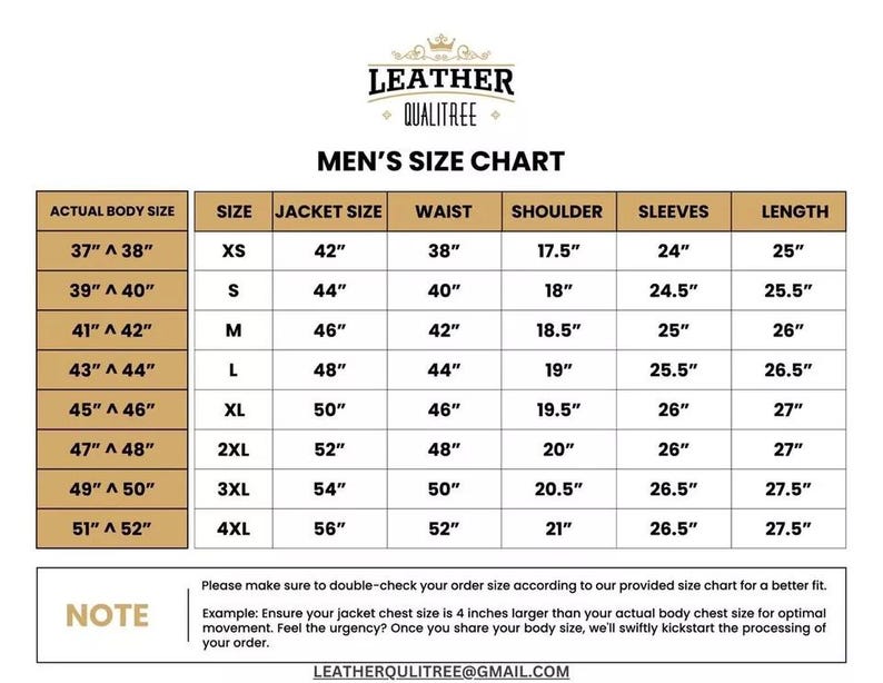 May include: A size chart for men's jackets, featuring measurements in inches. The chart includes sizes XS to 4XL, detailing jacket size, waist, shoulder, sleeves, and length. The chart also provides instructions for accurate sizing.