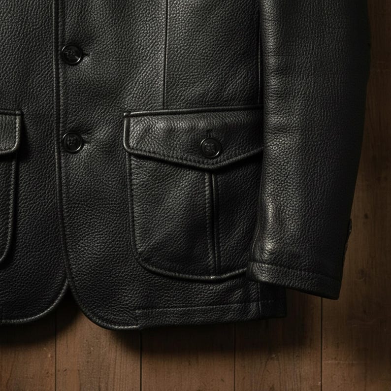 May include: Close-up of a black leather jacket with a textured finish. The jacket features two front pockets with button closures, a notched lapel, and buttoned cuffs. The jacket is a classic style.