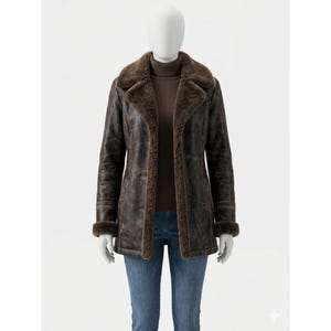Manteau en cuir marron effet vieilli pour femme | Veste d'hiver longue en peau de mouton retournée | Manteaux en peau de mouton image 5