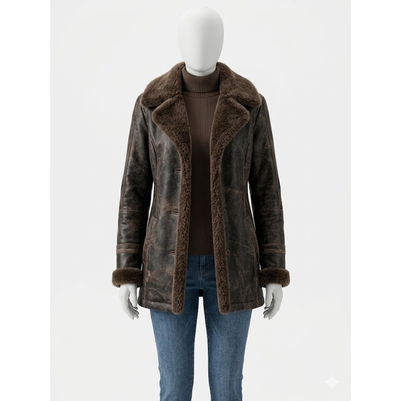 Manteau en cuir marron effet vieilli pour femme | Veste d'hiver longue en peau de mouton retournée | Manteaux en peau de mouton image 5