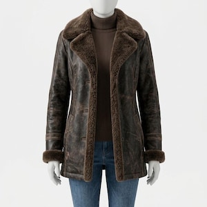 Manteau en cuir marron effet vieilli pour femme | Veste d'hiver longue en peau de mouton retournée | Manteaux en peau de mouton image 1