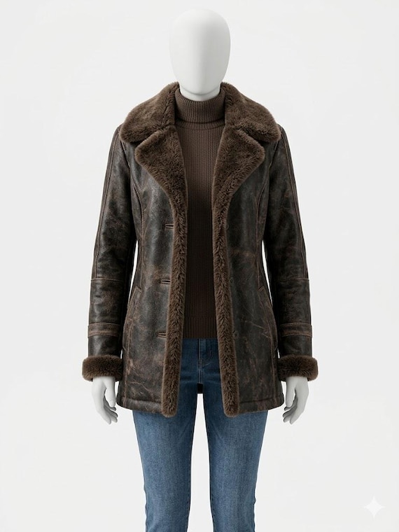 Women's Distressed Brown Leather Coat | Long Shearling Fur Lined Winter Jacket | Sheepskin Outerwear