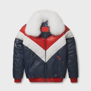 Men&#39;s Blue Leather Bomber Jacket: Faux Fur Collar Aviator Coat