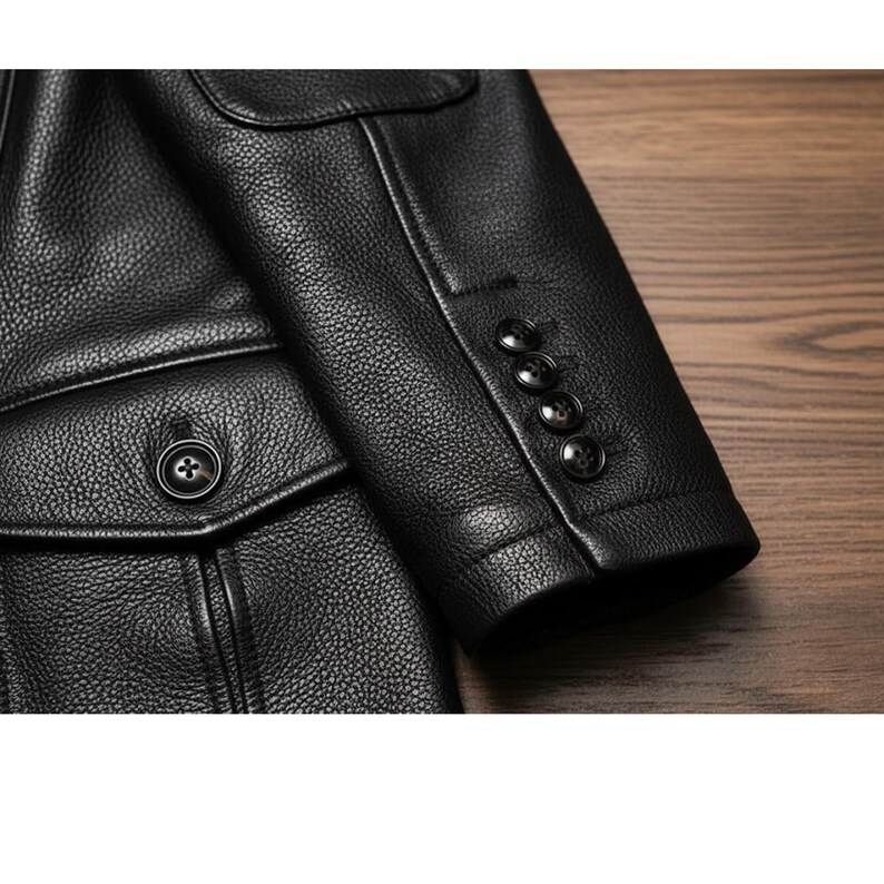 May include: Close-up of a black leather jacket. The jacket features a textured surface, a buttoned pocket, and a sleeve with four black buttons. The jacket is on a wooden surface.