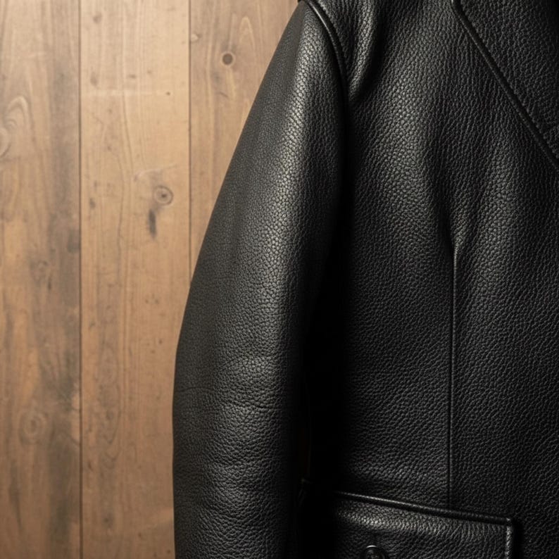 May include: Close-up of a black leather jacket with a textured surface. The jacket has a classic design with a notched lapel and a single button closure. The leather appears to be high-quality and durable.