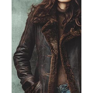 Manteau en cuir marron effet vieilli pour femme | Veste d'hiver longue en peau de mouton retournée | Manteaux en peau de mouton image 4
