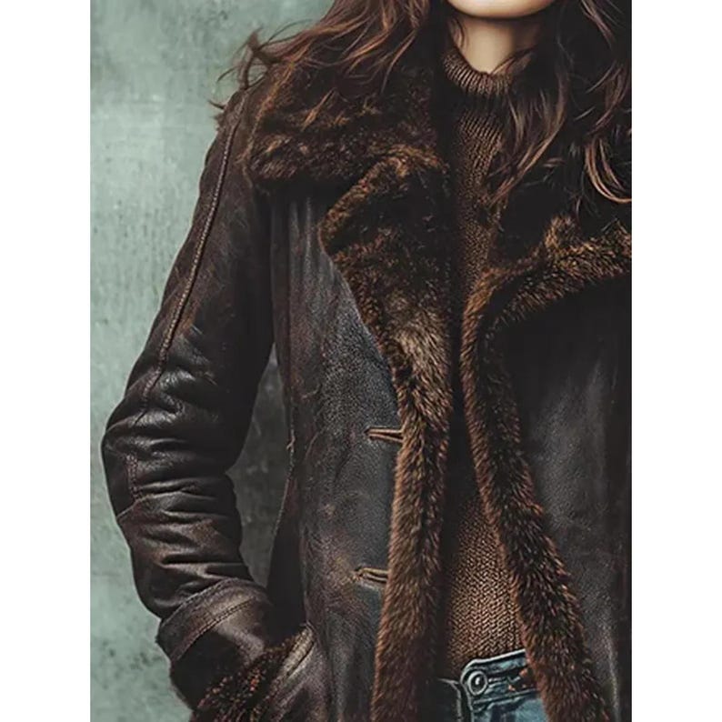 Manteau en cuir marron effet vieilli pour femme | Veste d'hiver longue en peau de mouton retournée | Manteaux en peau de mouton image 4