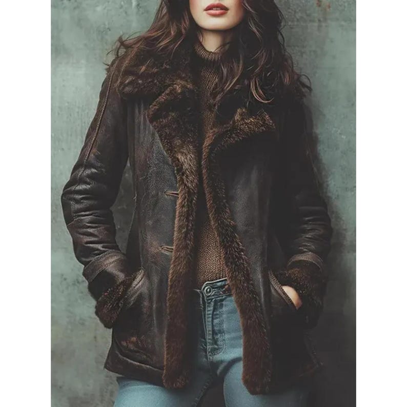 Manteau en cuir marron effet vieilli pour femme | Veste d'hiver longue en peau de mouton retournée | Manteaux en peau de mouton image 2