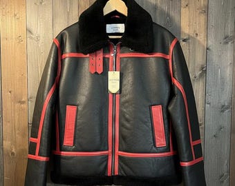 Men's Shearling Fur Coat | Black & Red Sheepskin Jacket | Handmade Outerwear