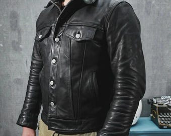 Handmade Men's Real Leather Trucker Black Jacket  Levi's Style Bikers Jacket