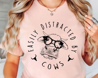 Easily Distracted By Cows Shirt,Cow Sweatshirt,Aesthetic Sweater,Funny Cow Shirt,Farm Love Shirts,Farm Animal Tshirt,Humorous Saying Sweater