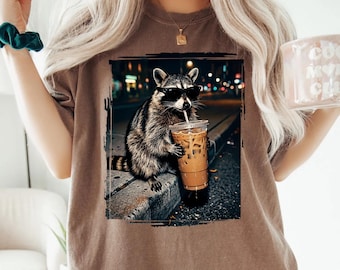 Comfort Colors® Raccoon Drinking Iced Coffee Shirt, Funny Animal Meme Tee, Coffee Lover Raccoon Shirt, Unisex Graphic Shirt, Raccoon Coffee