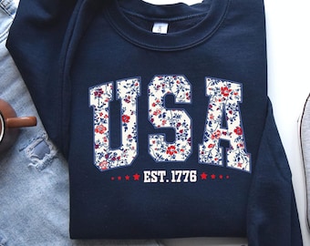 Floral USA Sweatshirt, American Girl Sweatshirt, USA Est 1776 Sweatshirt, Girly 4th of July Shirt, Patriotic Women Shirt, Flower USA Shirt