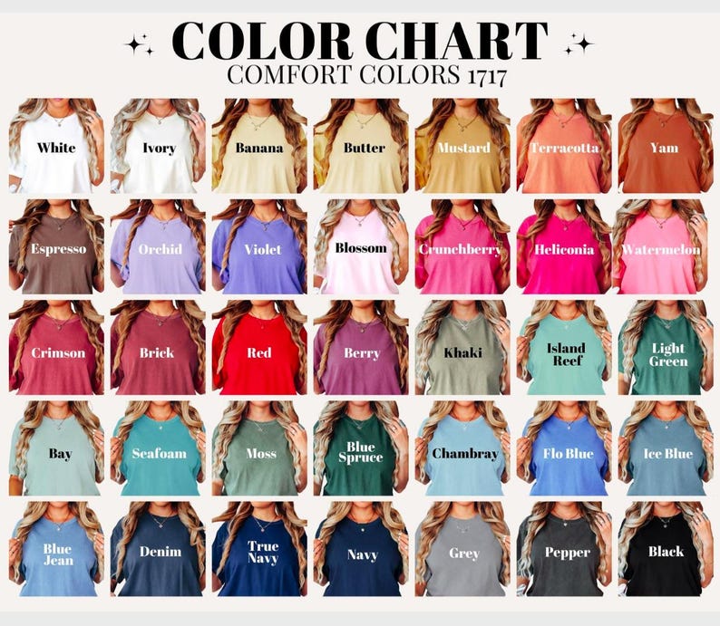 Op de afbeelding: Kleurenkaart met Comfort Colors t-shirts in diverse tinten. De kaart bevat kleuren als wit, ivoor, banaan, mosterd en nog veel meer. De tekst "COLOR CHART COMFORT COLORS 1717" staat bovenaan.