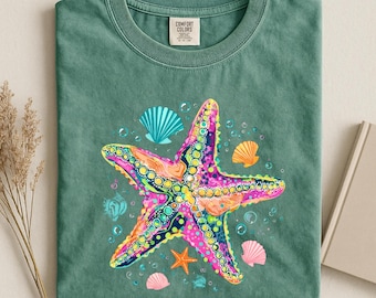 Comfort Colors® Summer Starfish Shirt, Summer Vacation T-Shirt, Preppy Beach Shirt, Colorful Neon Preppy Coastal Hawaii Summer Shirt Tee