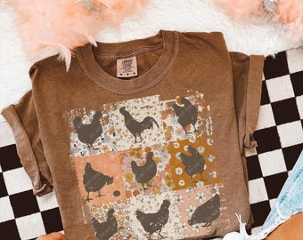 Comfort Colors® Boho Chickens Shirt, Retro Farmhouse Floral Backyard Chicken Tee, Cottagecore Aesthetic Clothing, Chicken Gift for Her
